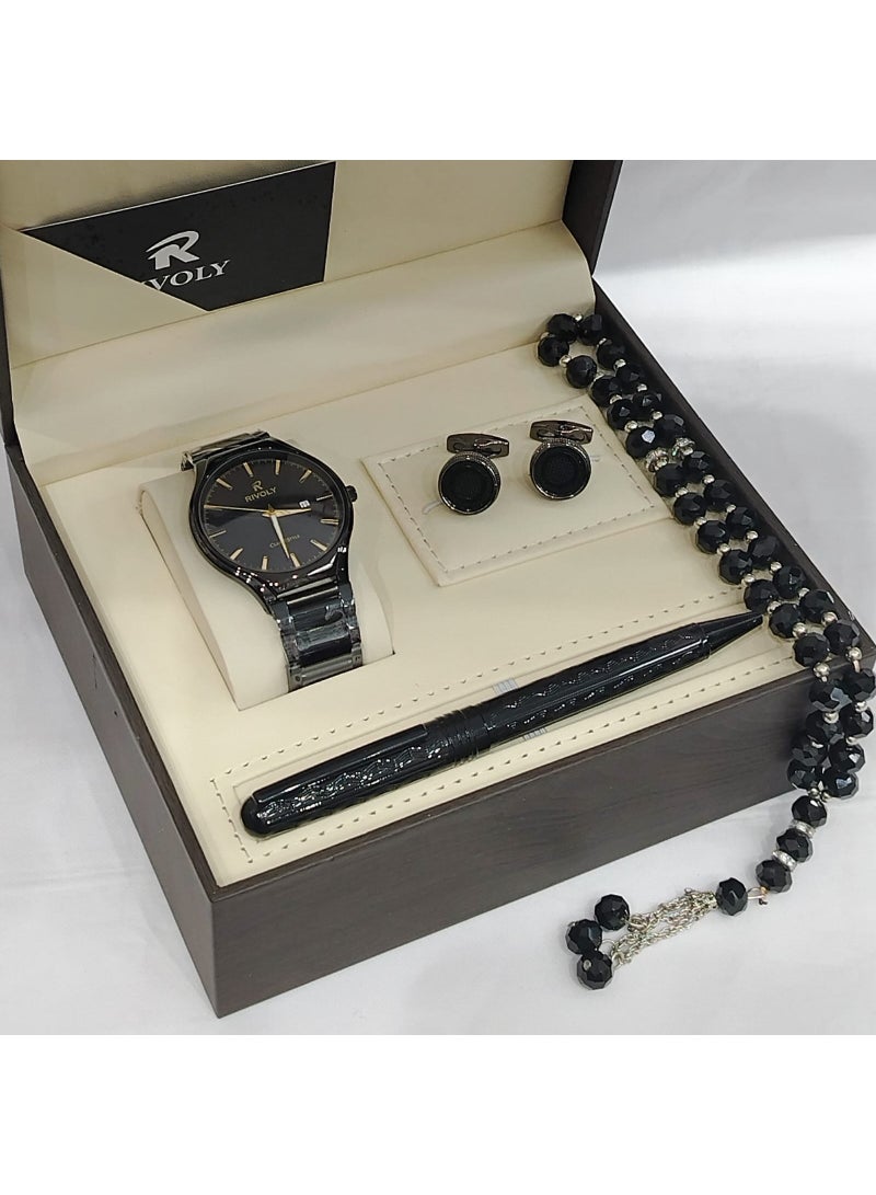 A men's gift set from the Rivoli brand consisting of a wristwatch, pen, cufflinks, and prayer beads.